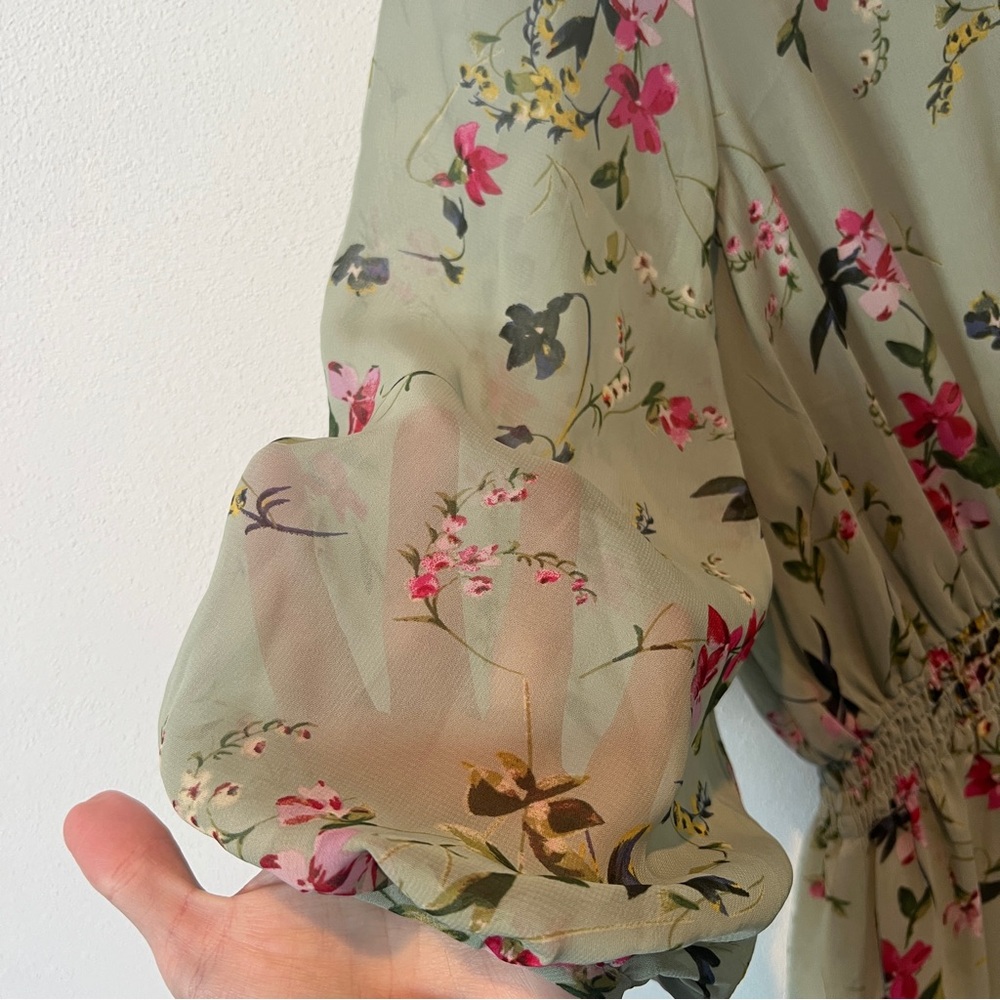 Taylor Sheer 3/4 Sleeve V-Neck Rusched Button Front Floral Lined Ruffle Dress - Picture 3 of 11